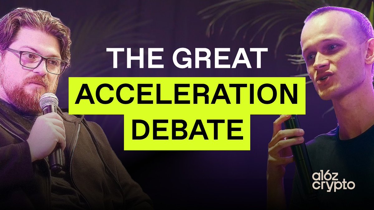 Thumbnail for an a16z crypto video titled "THE GREAT ACCELERATION DEBATE," featuring two men holding microphones in a face-off against a purple-hued backdrop. The image ties to the post's theme of launching an "e/acc" (effective accelerationism) think tank to counter "doomer" groups like FLI, framing the debate as a financial and ideological showdown.