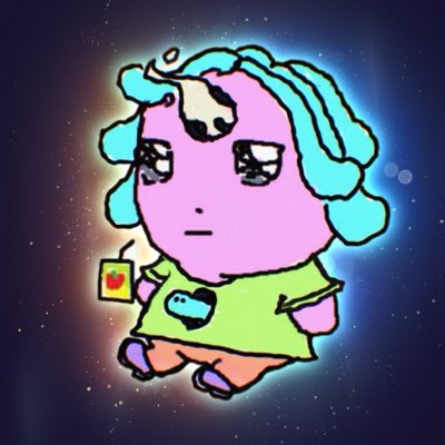 A digital drawing of a sad cartoon unicorn character with teal hair, wearing a green shirt, holding a drink against a starry space background.