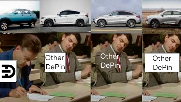 A meme comparing four cars on top (a small blue SUV and three progressively larger white SUVs) to four images of a man writing below, with the first labeled with a DePin logo and the others labeled 'Other DePin'.