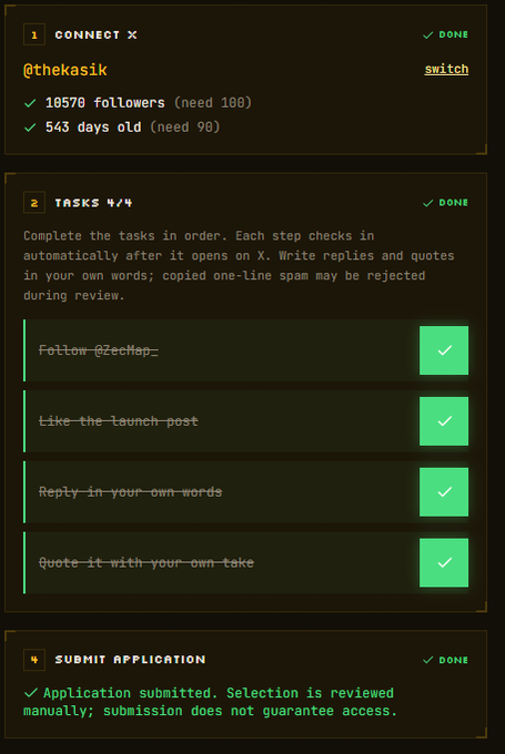 A dark-themed application interface for 'CONNECT X' shows the user '@thekasiK' with 10,570 followers (need 100) and 543 days old (need 90), followed by completed 'TASKS 4/4' including Follow, Like, Reply, and Quote, ending with 'Application submitted.'