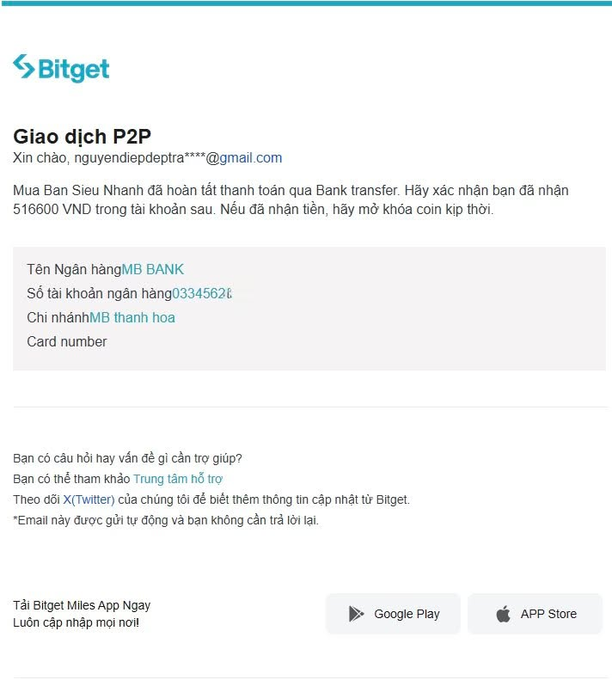 A Bitget P2P transaction notification email in Vietnamese confirming a completed bank transfer of 516,600 VND to MB Bank account 0334562*** from a seller named Mua Ban Sieu Nhanh.