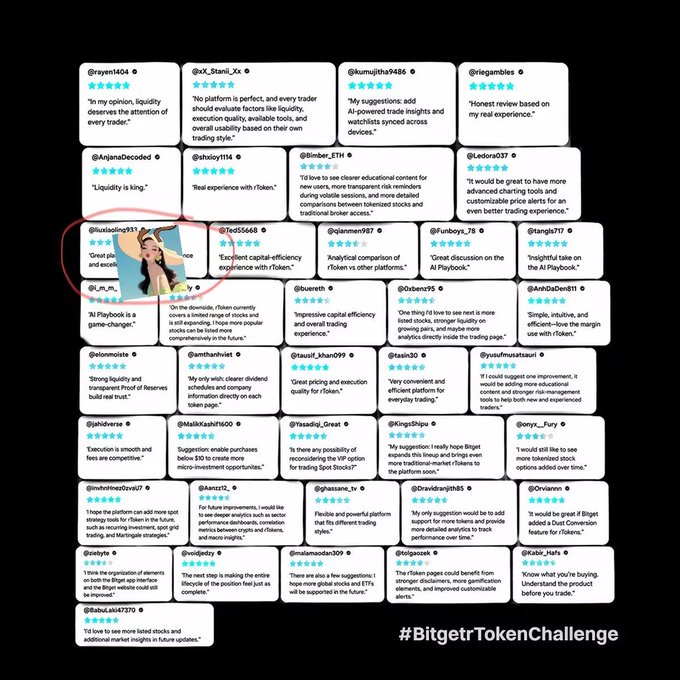 A screenshot displaying numerous user testimonials for a trading platform, with a review from @justuslaw937 circled in red and the hashtag '#BitgetTokenChallenge' at the bottom right.