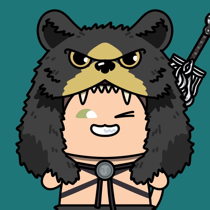 A cartoon illustration of a chibi-style character wearing a fierce black bear headpiece with sharp teeth, winking with a sword visible behind them on a teal background.