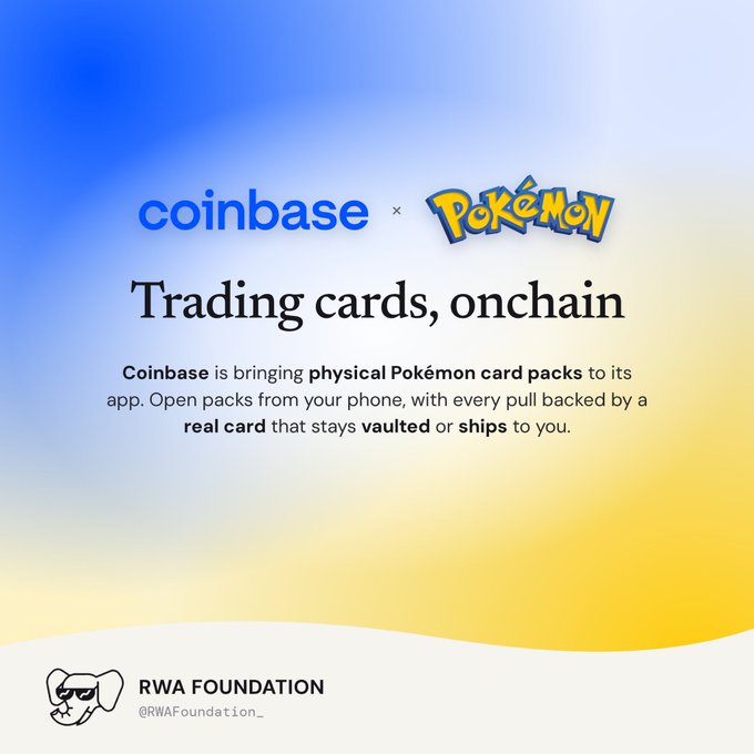 A Coinbase × Pokémon promotional graphic reads 'Trading cards, onchain' and explains that physical Pokémon card packs are coming to the Coinbase app, with the RWA Foundation (@RWAFoundation_) credited at the bottom.