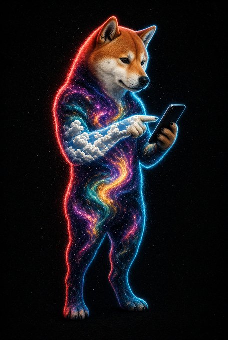 A stylized digital artwork of a Shiba Inu dog with a cosmic galaxy pattern in its body, standing upright and tapping on a smartphone against a starry space background.