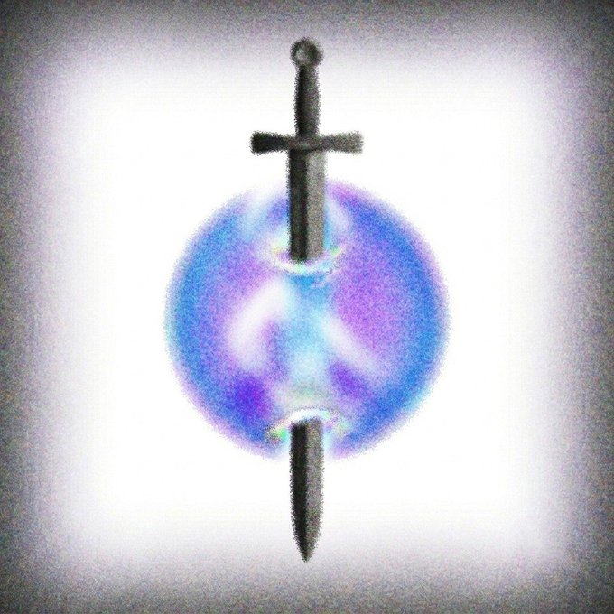 A black sword pierces vertically through the center of a glowing, iridescent sphere in shades of blue and purple against a hazy white background, rendered with a heavy grain effect.