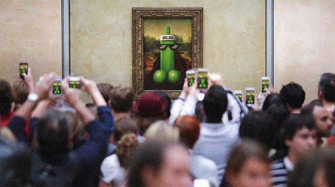A crowd holds up smartphones to photograph a museum-style painting that has been digitally altered to feature a green "$DILDO" token in the foreground, parodying the Mona Lisa's iconic display. The humorous image promotes a $100 giveaway for the Green Dildo Token, using the viral spectacle of crowds viewing famous artwork to draw attention to the meme coin.