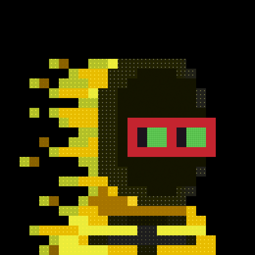 A pixel art illustration of a character wearing a dark hood with a glowing red visor featuring green rectangular eyes, with yellow particle effects surrounding it.