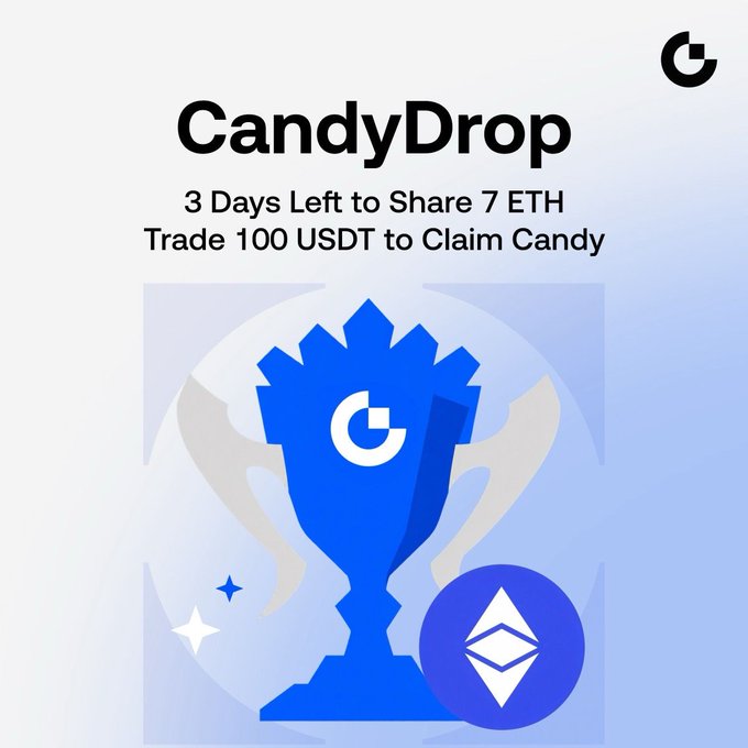Promotional graphic for Gate’s “CandyDrop,” featuring a blue trophy, the Gate logo, and an Ethereum symbol. It reads, “3 Days Left to Share 7 ETH” and “Trade 100 USDT to Claim Candy,” matching the post’s futures-trading and friend-invite pool campaign.