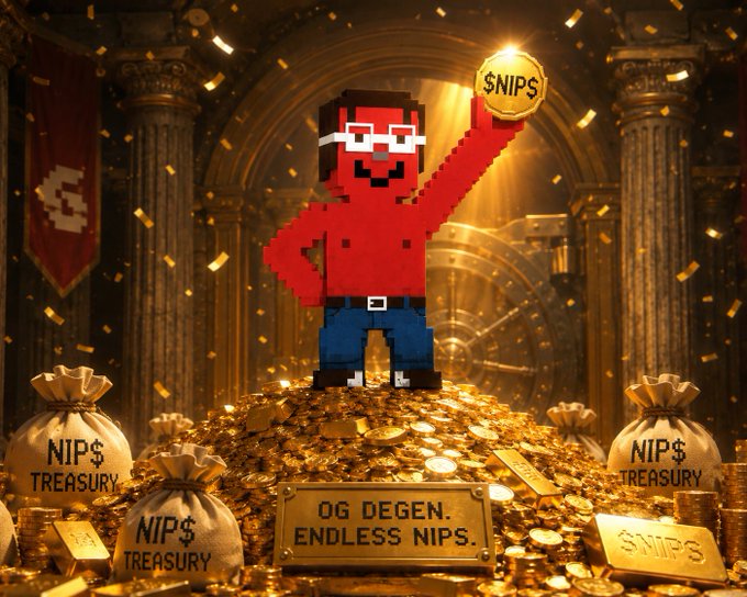 A pixel art character in a red shirt and white glasses stands atop a pile of gold coins holding up a coin marked '$NIP$', with treasure bags labeled 'NIP$ TREASURY' and a plaque reading 'OG DEGEN. ENDLESS NIPS.'