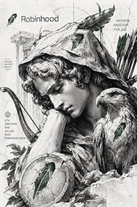 A Robinhood promotional poster featuring a classical-style illustration of a hooded figure with an eagle, with text including 'ONCHAIN FREEDOM FOR ALL' and 'ETH, ARBITRUM, BNB, SOLANA, BASE, ROBINHOOD CHAIN'.