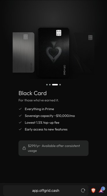 The image shows an app called "Offgrid Cash" displayed on a phone screen. The app offers a Black Card feature that allows users to pay for purchases with their Offgrid Cash account, which has a lower fee compared to other payment methods like credit cards or PayPal. The app also provides information about the fees associated with using the Black Card and how much money can be saved by using it instead of traditional payment methods.