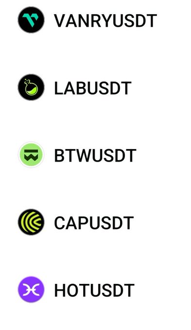 A list of cryptocurrency trading pairs with icons and tickers: VANRYUSDT, LABUSDT, BTWUSDT, CAPUSDT, and HOTUSDT.
