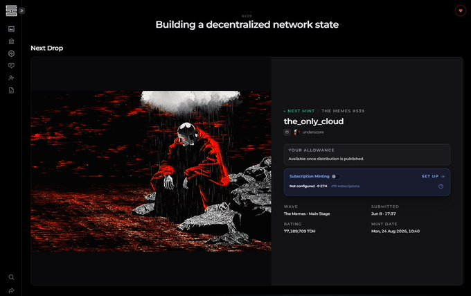 A screenshot of a webpage titled 'Building a decentralized network state' showing a 'Next Drop' section featuring artwork of a cloaked figure in a red landscape, with details for 'the_only_cloud' including a rating of '79.18% TOP TDH' and a wave submission date of 'Jun 8 - 17:57'.