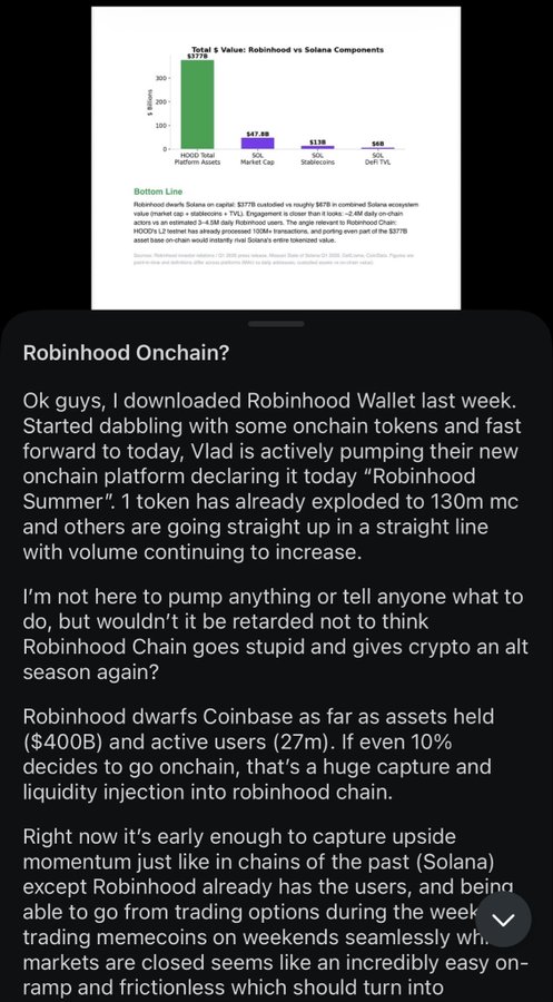 A screenshot comparing Robinhood vs Solana ecosystem metrics (HOOD Total Platform Assets $177B, SOL Market Cap $47.8B, SOL Stablecoins $136M, SOL DeFi TVL $68B) and a text post titled 'Robinhood Onchain?' discussing Vlad's onchain platform launch as 'Robinhood Summer'.