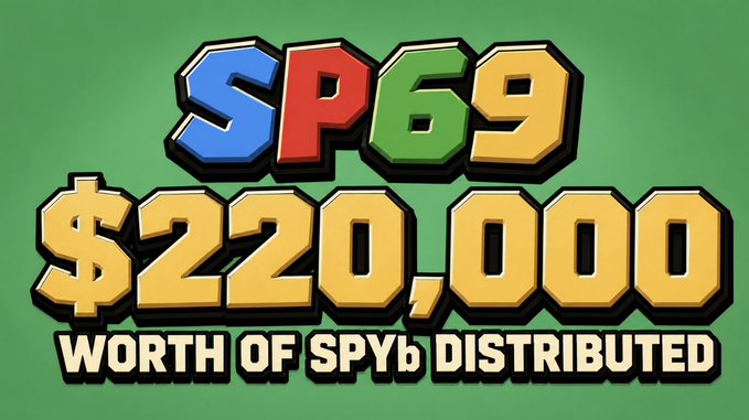 A vibrant green promotional graphic displays bold multicolored text reading "SP69" above "$220,000 WORTH OF SPYb DISTRIBUTED," highlighting a giveaway campaign where SP69 holders receive tokenized SP500 (SPYb) assets distributed by Binance, with the image emphasizing the significant dollar value being shared with the community.