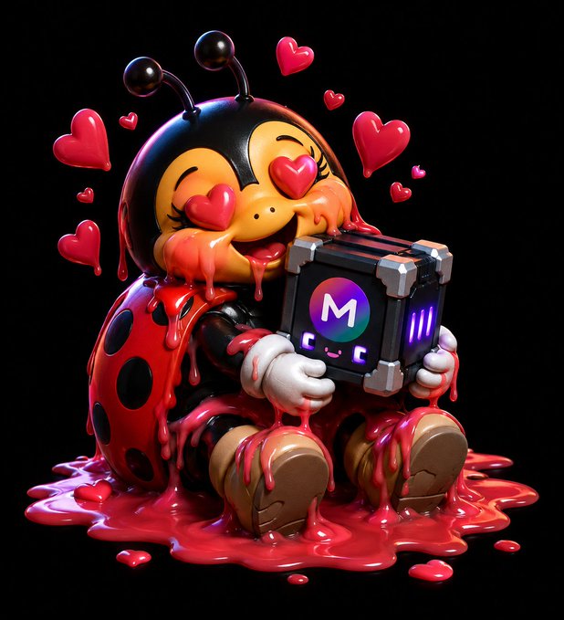A 3D rendering of a ladybug character with heart-shaped eyes holding a device displaying the Metallicus 'M' logo, surrounded by red liquid and floating hearts.
