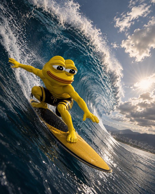 A surreal image of a yellow Pepe the Frog character surfing on a large wave, wearing yellow and black swim trunks under a bright, cloudy sky.