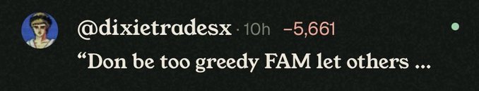 A screenshot from X (Twitter) shows user @dixietradesx's pinned message reading "Don't be too greedy FAM let others..." accompanied by a -5,661 (negative) figure, reflecting community backlash that contrasts with their brag of "23k+" slashes in the accompanying post.