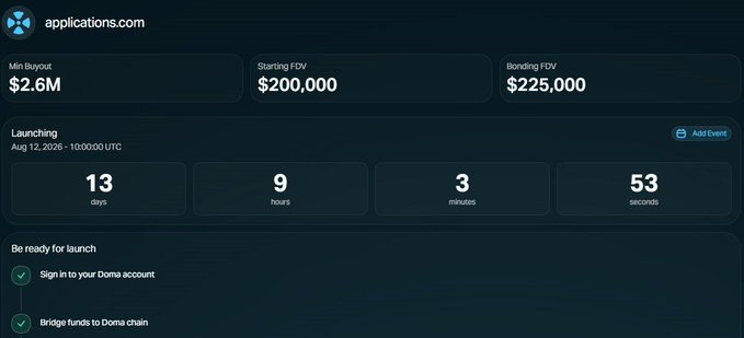 A launch dashboard for applications.com showing a min buyout of $2.6M, starting FDV of $200,000, bonding FDV of $225,000, and a countdown of 13 days, 9 hours, 3 minutes, 53 seconds until August 12, 2026.