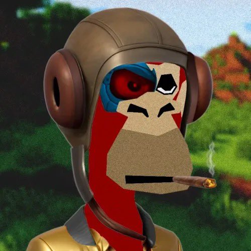 A red and white monkey-like character wearing a pilot's helmet smokes a cigar against a blurred natural backdrop, embodying the rugged "Ape" persona referenced in the post about the $CASH token and NFT takeover.