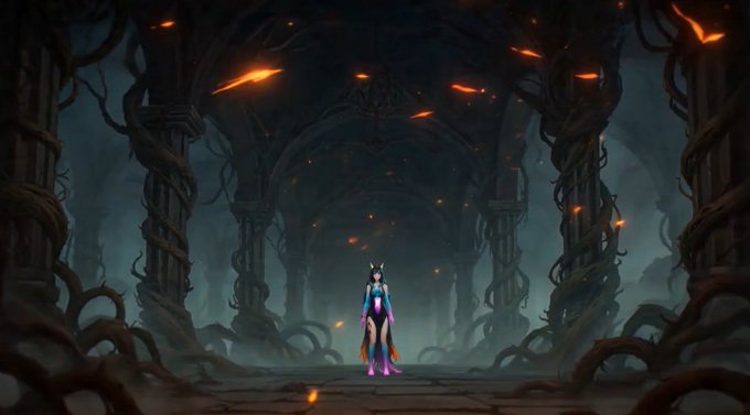 A fantasy digital artwork shows a small figure in glowing robes standing in a dark, vine-covered temple corridor with floating orange embers.