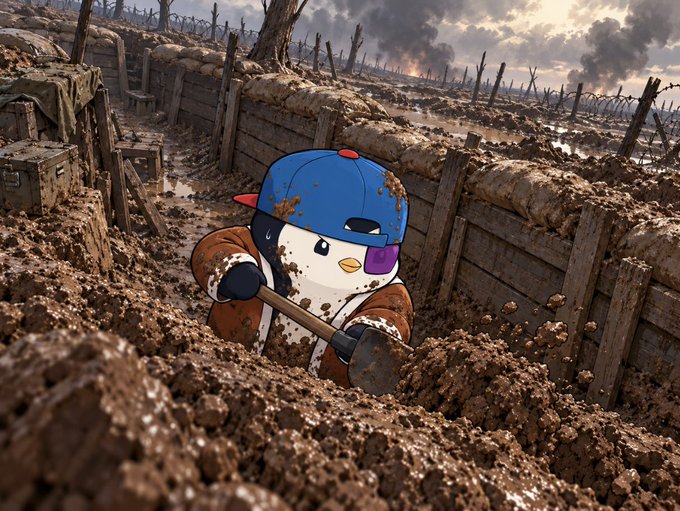 A digital illustration of a cute penguin mascot wearing a blue baseball cap and brown jacket, digging in a muddy World War I-style trench with smoke in the background.