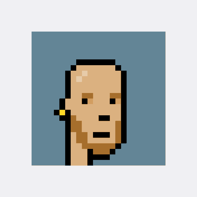A pixelated portrait of a bald character with a beard and a yellow earring against a blue background, representing CryptoPunk #6562, which was acquired by collector 0x71d1…bd05 for Ξ37 ($65,950).