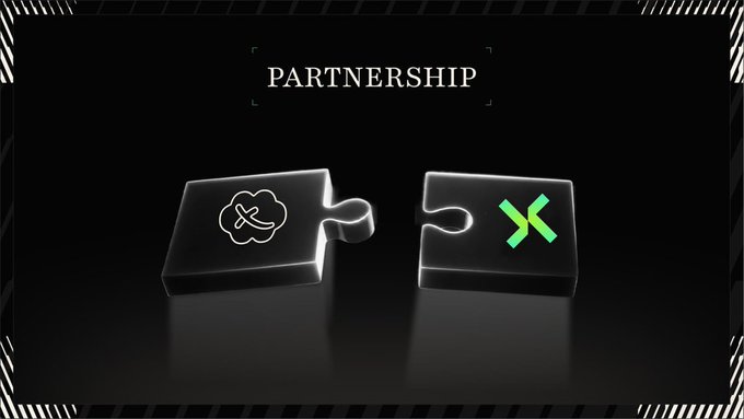 A promotional graphic featuring the word 'PARTNERSHIP' above two glowing puzzle pieces coming together, one marked with a cloud icon and the other with a green 'X' logo.