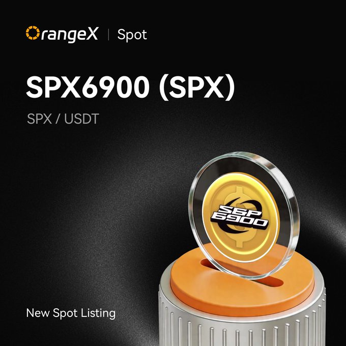 The image features a gold coin with the text "SPX" written on it. The coin is placed on an orange base, which has the words "New Spot Listing" written on it. Below the coin, there's some text that reads "#OrangeX is happy to announce that we will list SPX690 !" and "spot trading: 2026-06-16, 05:00 (UTC)". The image also includes a link to the post where this information can be found.