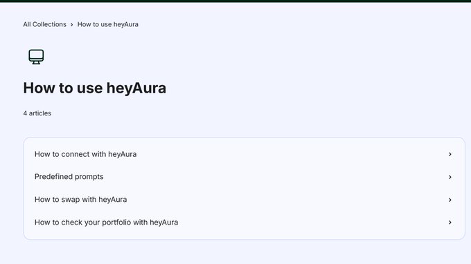 A help center webpage titled "How to use heyAura" with 4 articles listed: "How to connect with heyAura," "Predefined prompts," "How to swap with heyAura," and "How to check your portfolio with heyAura."