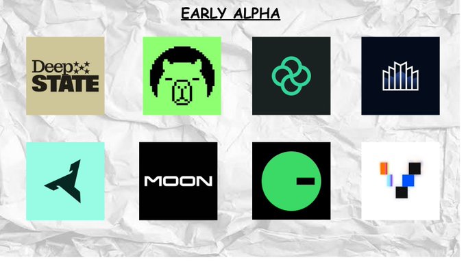 The image displays a grid of 8 square logo tiles under the heading "EARLY ALPHA," representing various crypto projects on a watchlist, with the post highlighting 12 projects split between DeFi top picks (Deep State, Oneswap, and others) and Trading top picks (Stratium, Occam, and automated Solana trading). The visible logos include Deep State, a green gorilla icon, a clover/trefoil design, a building/skyline graphic, an arrow, MOON, a green circle with a dash, and an abstract colorful logo.