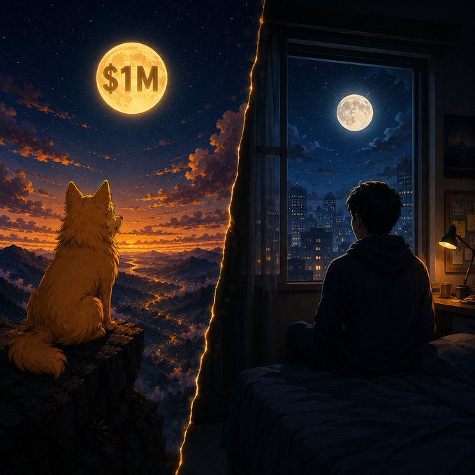 A split illustration contrasts a fox gazing at a full moon displaying '$1M' on the left with a person sitting on a bed looking out their window at the actual moon over a city on the right.