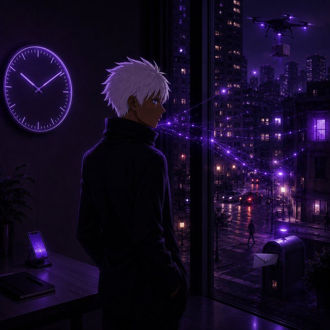Anime-style artwork of a white-haired young man in a dark coat looking out a window at a rainy, neon-lit cityscape, with a drone and purple string lights visible outside.