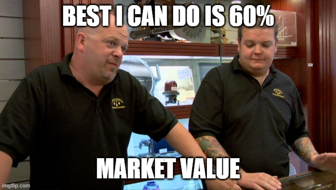 A meme image featuring two men in black polo shirts from what appears to be a pawn shop, with the text 'BEST I CAN DO IS 60%' at the top and 'MARKET VALUE' at the bottom.