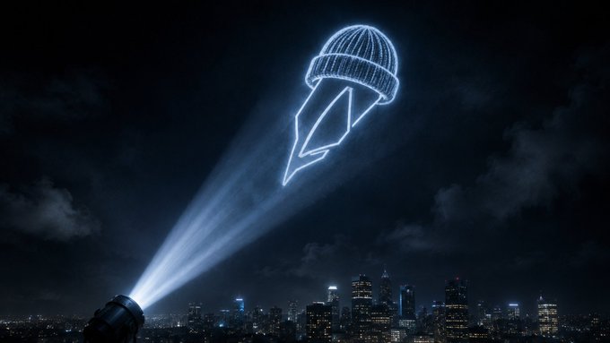 A digital illustration of a spotlight projecting a neon blue outline of a beanie-wearing figure in the night sky above a city skyline.