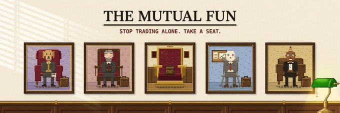 Pixel art banner for "THE MUTUAL FUN" with the tagline "STOP TRADING ALONE. TAKE A SEAT." showing five framed portraits of business figures with briefcases seated in various chairs.
