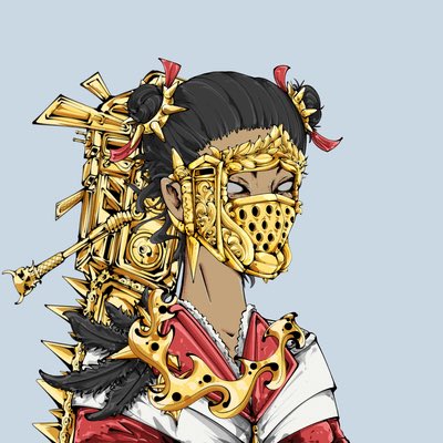 A stylized illustration of a female warrior in ornate golden samurai armor and a decorative face mask.