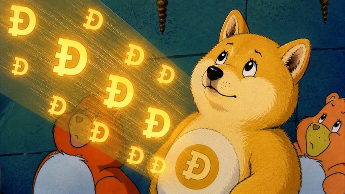 A cartoon illustration featuring a smiling Shiba Inu dog and an orange bear character, with golden Dogecoin (D) symbols shining as a beam of light.