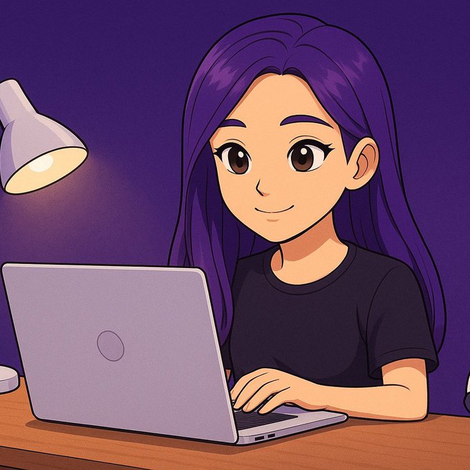 An anime-style illustration of a girl with long purple hair wearing a black t-shirt, working on a computer under a desk lamp.