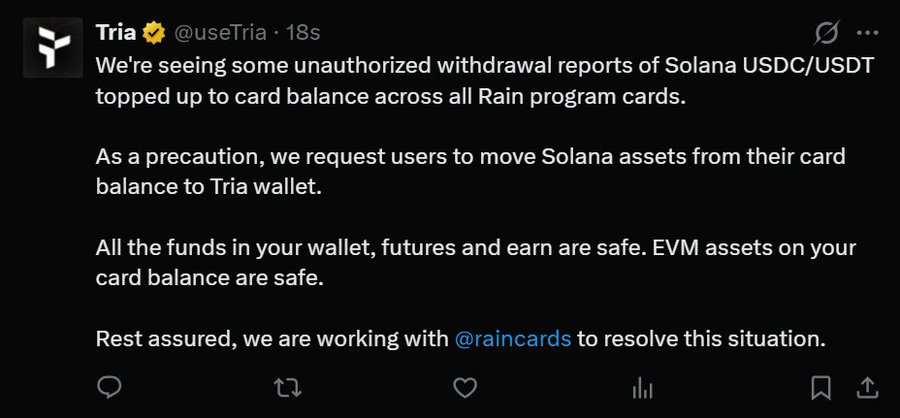 A tweet from Tria (@useTria) warning users about unauthorized withdrawal reports of Solana USDC/USDT and recommending they move their Solana assets to their Tria wallet for safety.