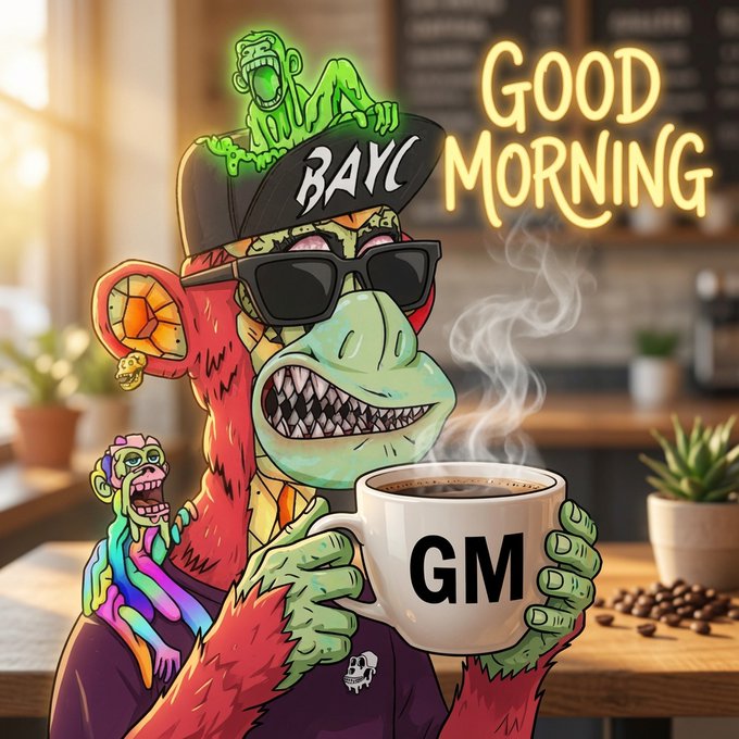 An illustration of a Bored Ape Yacht Club (BAYC) NFT character wearing a black cap, sunglasses, and a purple jacket, holding a coffee mug labeled 'GM' with 'GOOD MORNING' in neon text.