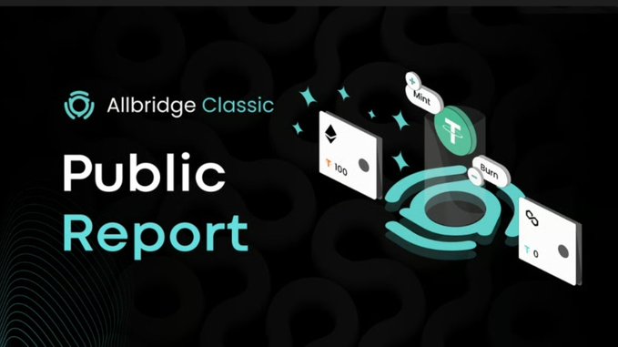 Promotional banner for 'Allbridge Classic' announcing a 'Public Report' with illustrations of cryptocurrency minting and burning tokens.