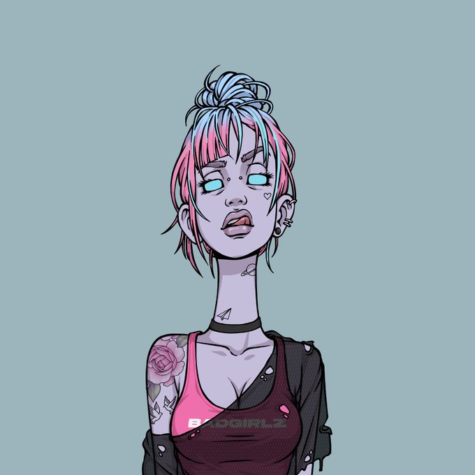 A stylized digital illustration of a young woman with pink and blue hair, purple skin, facial piercings, tattoos, and a black and pink top against a light blue background, watermarked 'BAOIGIRLZ'.