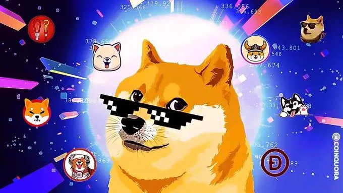 An illustrated Shiba Inu dog wearing pixelated 'thug life' sunglasses is centered on a blue background, surrounded by various cartoon dog avatars and numbers with a 'COINQUORA' watermark on the right.