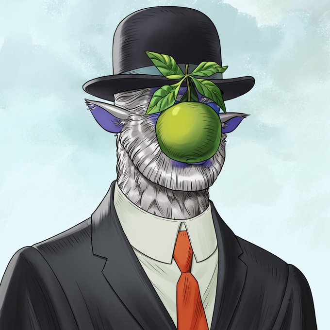 An illustration of a character wearing a black suit, red tie, and black top hat, with a white textured face, pointed ears, and a green apple or fruit obscuring the upper face.