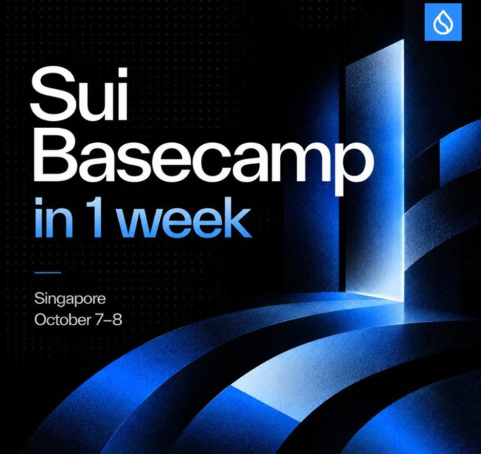 A promotional graphic for 'Sui Basecamp in 1 week' event taking place in Singapore on October 7-8, featuring blue lighting and architectural elements.