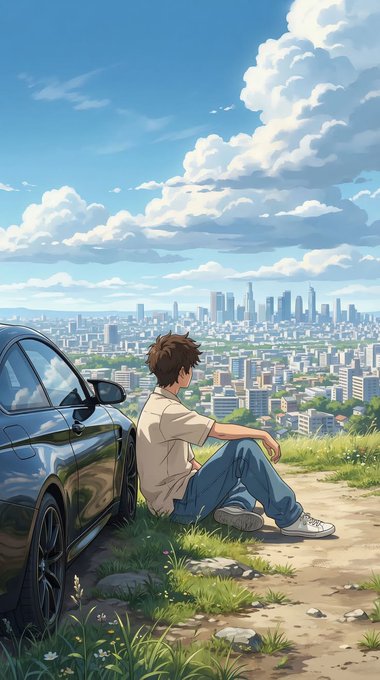 The image features a man sitting next to his car with his legs crossed while looking out over a cityscape. The scene appears to be set in an urban environment, possibly at sunrise or sunset when the sky has a mix of blue and orange hues. The man is dressed casually, wearing jeans and a t-shirt. There are no texts present in the image, but there is a caption that reads "Good morning mate, Is a New day but Same mission. @FIH_USD1 culture that shows up every single morning without fail. @0G_labs decentralized AI infrastructure built for a future worth waking up to." This caption seems unrelated to the man sitting next to his car and looking out over the cityscape.