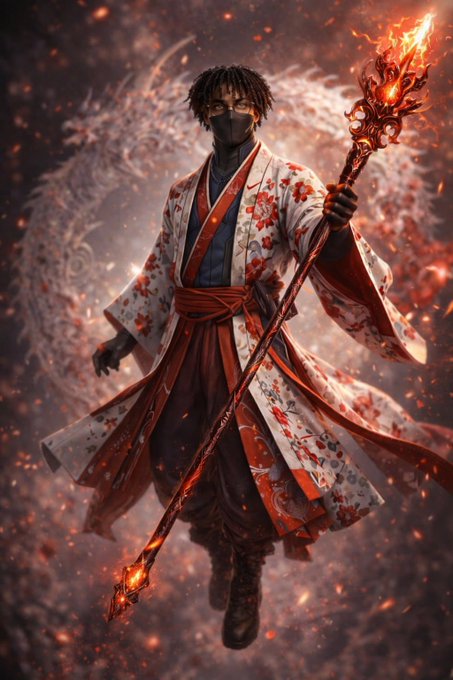 This image depicts a person in a floral kimono holding a fiery staff, possibly representing a guardian or hero within the "Heroes of Valdir" ecosystem mentioned in the accompanying post. The visual's fantastical elements align with the idea of an ecosystem that is "building something deeper than the usual NFT narrative."