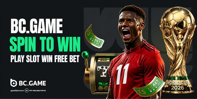 The image features a man wearing a red soccer jersey, with a gold trophy next to him. The background of the image shows a black and white photo of a slot machine. The caption for the image reads "BCGAME Spin To Win Play Slot Win Free Bet".